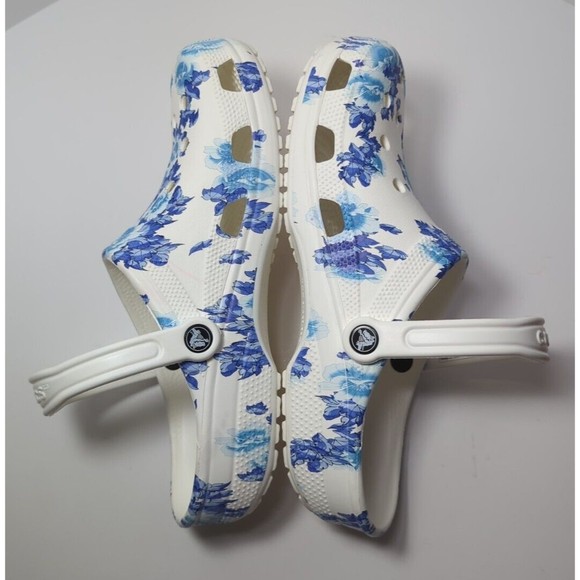 Crocs Men Size 12 Women 14 White Hawaiian Blue Flower Floral Graphic Clog 206376 - Picture 10 of 14